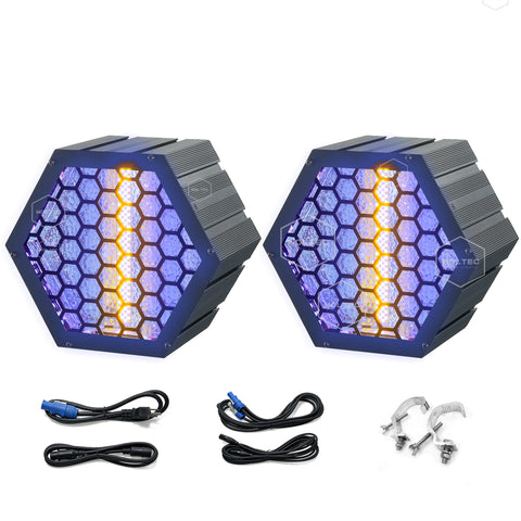 2-pack WOLTEC R1 PXL Hexagonal Retro Stage PAR Light for Disco and DJ Parties Background Effect – A Sound Active 60W WW and 24 RGB LED Rave light with Tungsten-Look Filament and RGBW Glow of Strobe Lamp