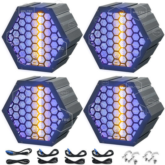 4-pack WOLTEC R1 PXL Hexagonal Retro Stage PAR Light for Disco and DJ Parties Background Effect – A Sound Active 60W WW and 24 RGB LED Rave light with Tungsten-Look Filament and RGBW Glow of Strobe Lamp