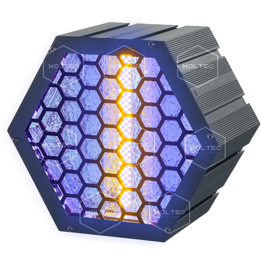 WOLTEC Hexagonal Retro Stage PAR Light Audience Blinder for Background of Disco and DJ Parties – A Sound Active 60W Warm White and 24 RGB DMX LED Rave Light with Tungsten-Look Filament Strobe Lamp