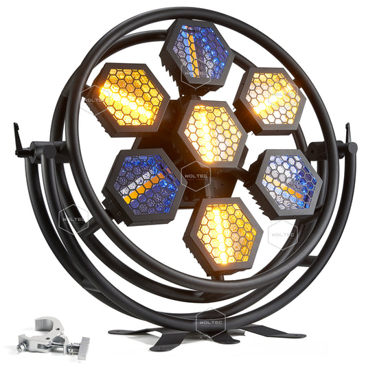 WOLTEC 7 LED Hexagon Retro Stage Light Audience Blinder for Background of Disco and DJ Parties – A Warm White Sound Active & DMX Rave Light with Tungsten-Look Filament and RGBW Glow of Strobe Lamp